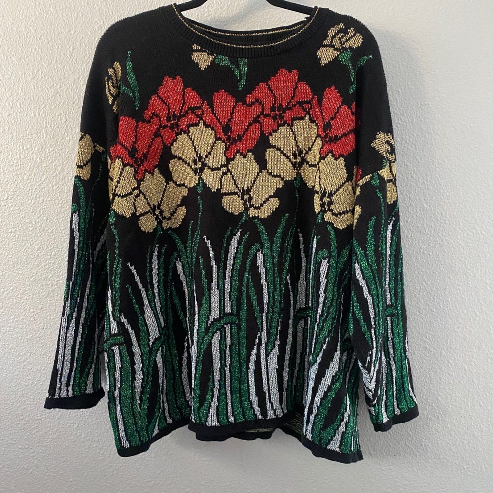 Vintage 90s Sweater 3X Plus Size Retro Sparkle Knitted VTG Gardencore Floral